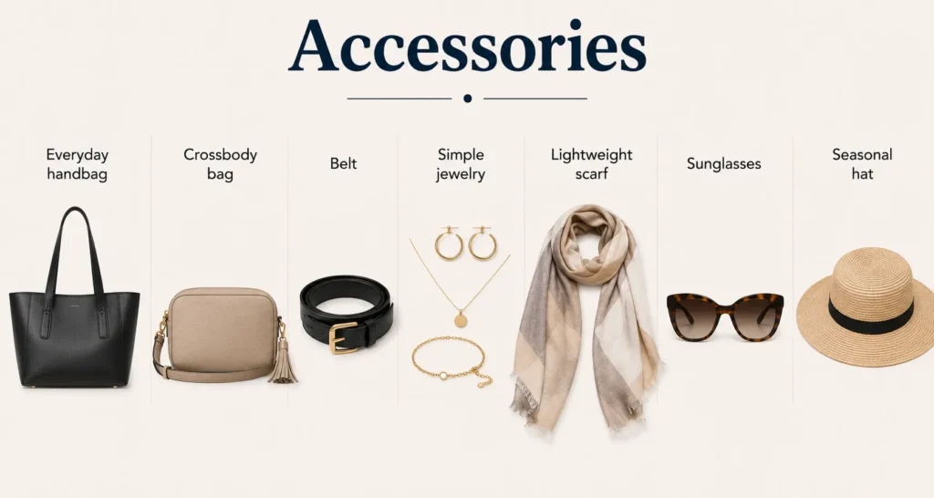 Essential accessories for a plus size capsule wardrobe including handbags, belts, jewelry, scarves, sunglasses, and hats.