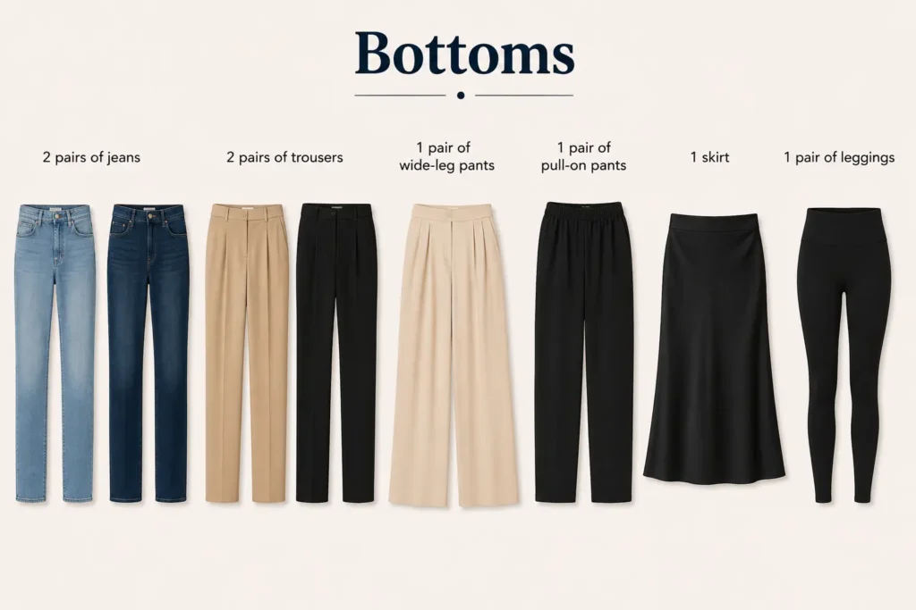 Essential bottoms for a plus size capsule wardrobe including jeans, trousers, wide-leg pants, skirts, and leggings.