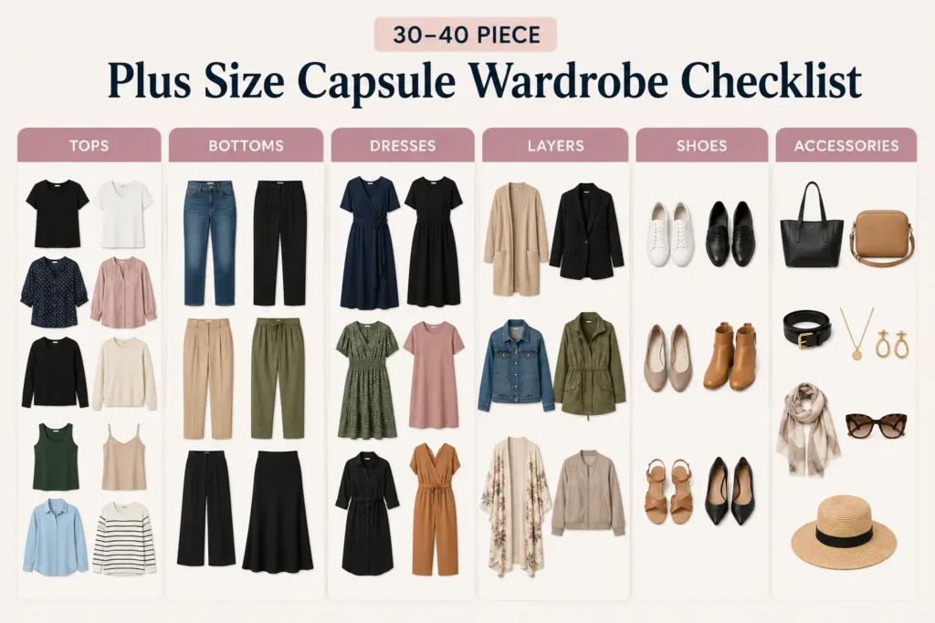 30–40 piece plus size capsule wardrobe checklist with wardrobe essentials organized into clothing categories.