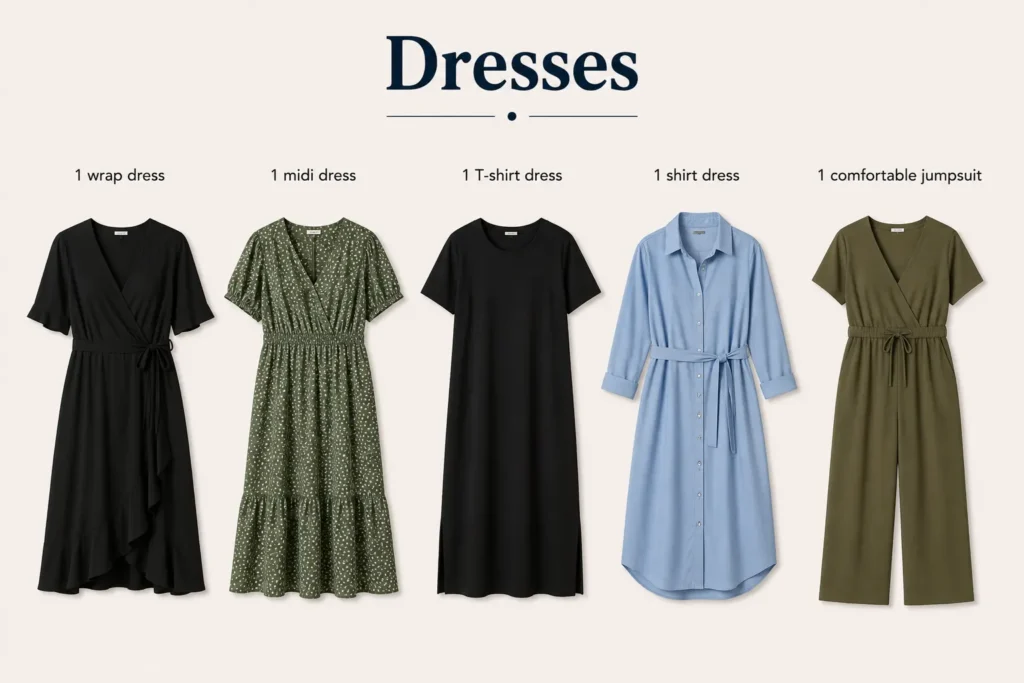 Essential dresses for a plus size capsule wardrobe including wrap dresses, midi dresses, T-shirt dresses, shirt dresses, and jumpsuits.