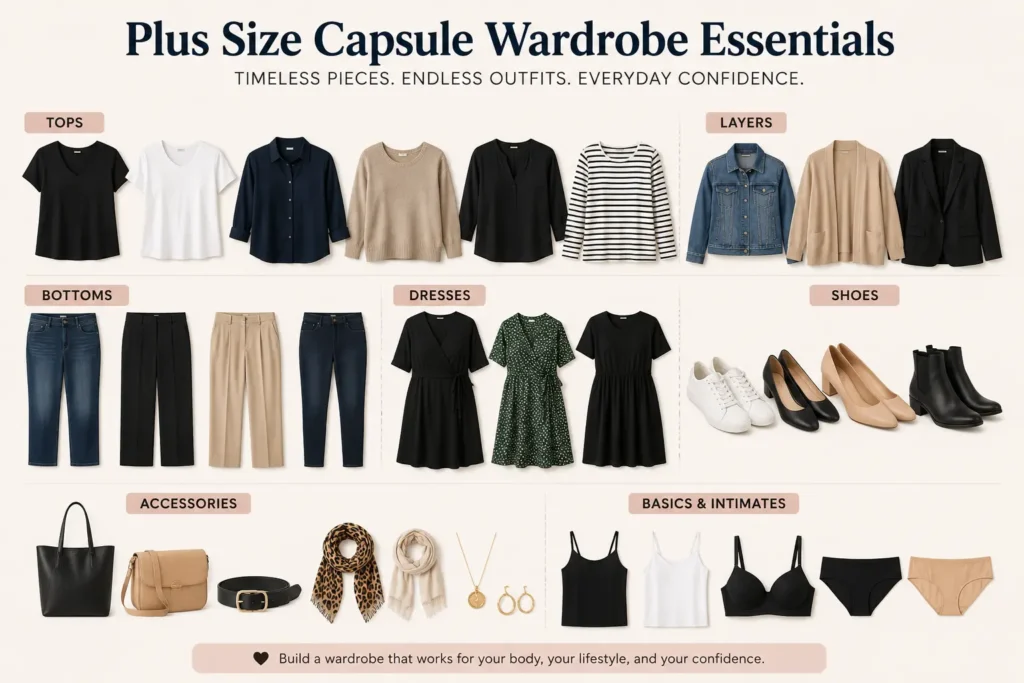 Plus size capsule wardrobe essentials featuring versatile clothing pieces including tops, bottoms, dresses, layering pieces, shoes, and accessories.