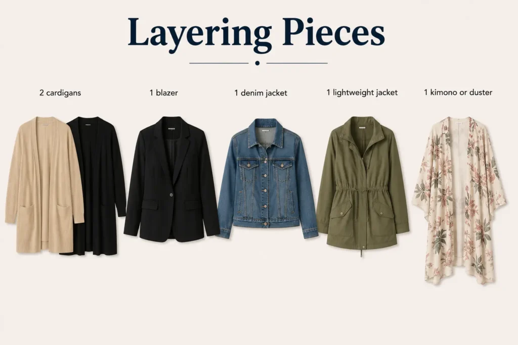 Essential layering pieces for a plus size capsule wardrobe including cardigans, blazers, denim jackets, lightweight jackets, and kimonos.