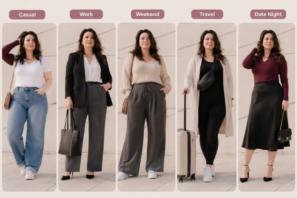 Simple plus size capsule wardrobe outfit ideas for casual, work, weekend, travel, and date night occasions.