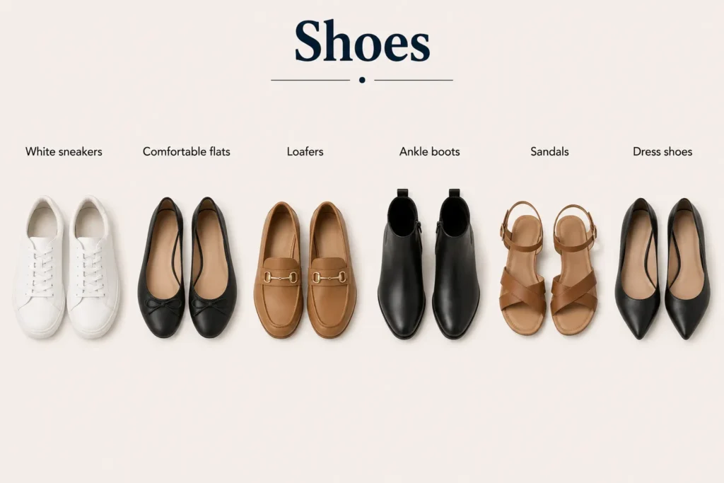 Essential shoes for a plus size capsule wardrobe including white sneakers, flats, loafers, ankle boots, sandals, and dress shoes.