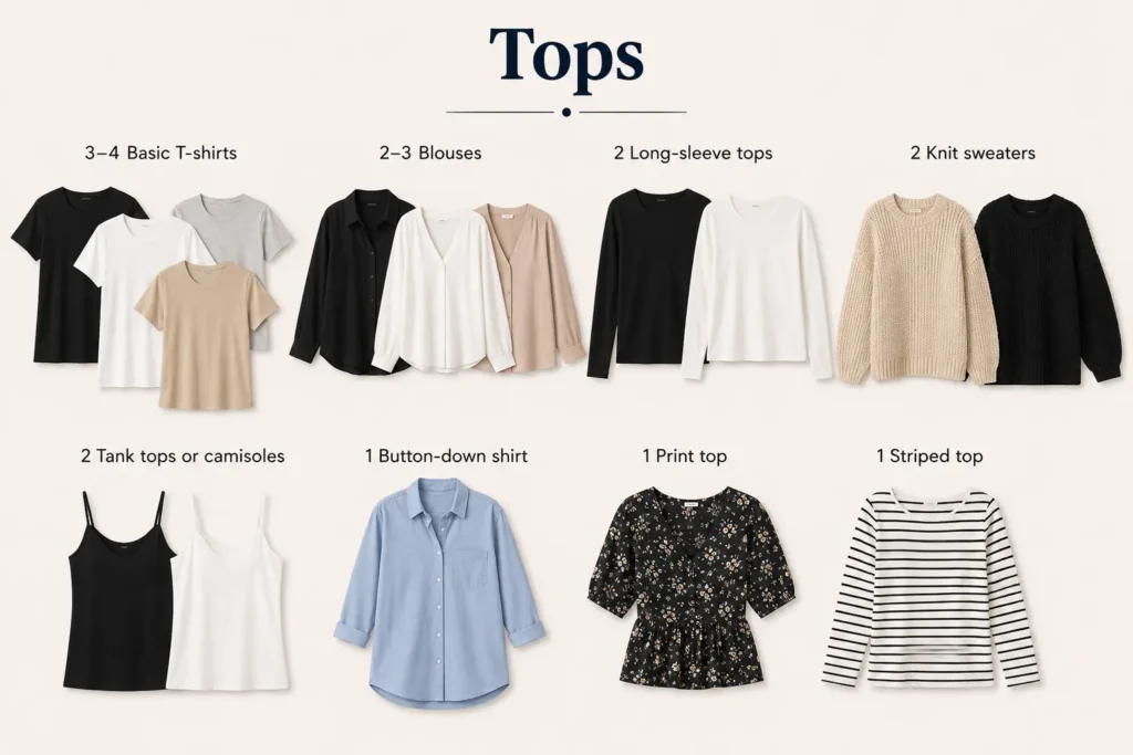 Essential tops for a plus size capsule wardrobe including T-shirts, blouses, sweaters, camisoles, and striped tops.