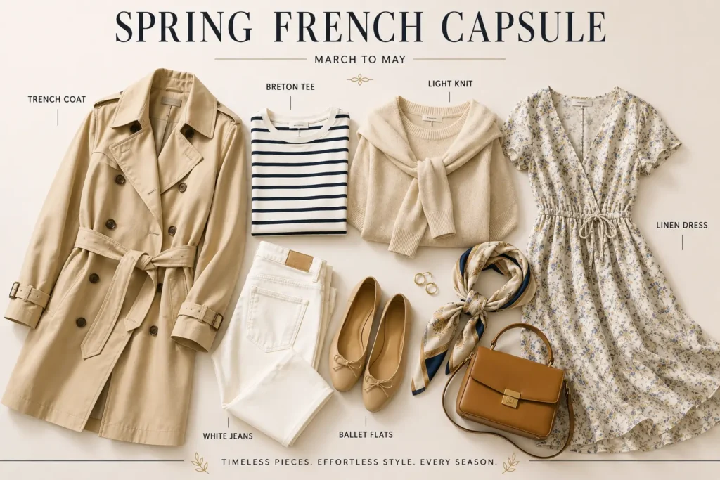 Spring French capsule wardrobe essentials featuring a trench coat, Breton tee, white jeans, light knit sweater, floral dress, ballet flats, silk scarf, and structured leather bag.