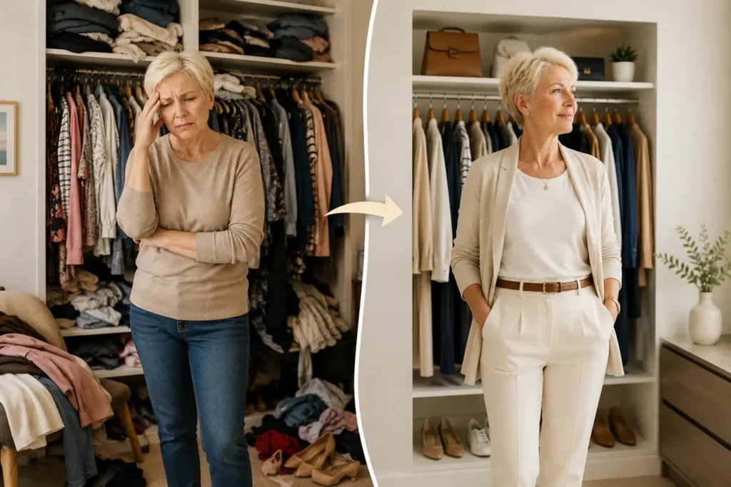 Woman over 50 transforming from an overflowing closet to a stylish capsule wardrobe with organized clothing.