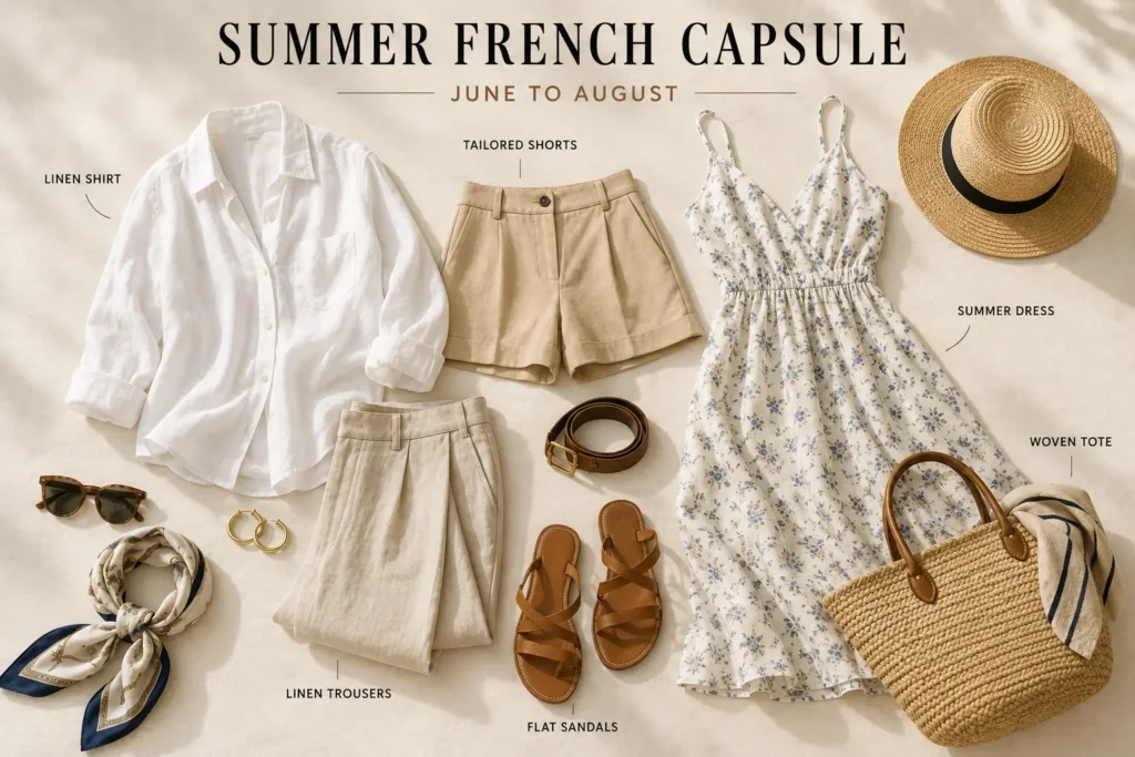 Summer French capsule wardrobe essentials with a linen shirt, linen trousers, tailored shorts, summer dress, flat leather sandals, woven tote, and lightweight accessories.