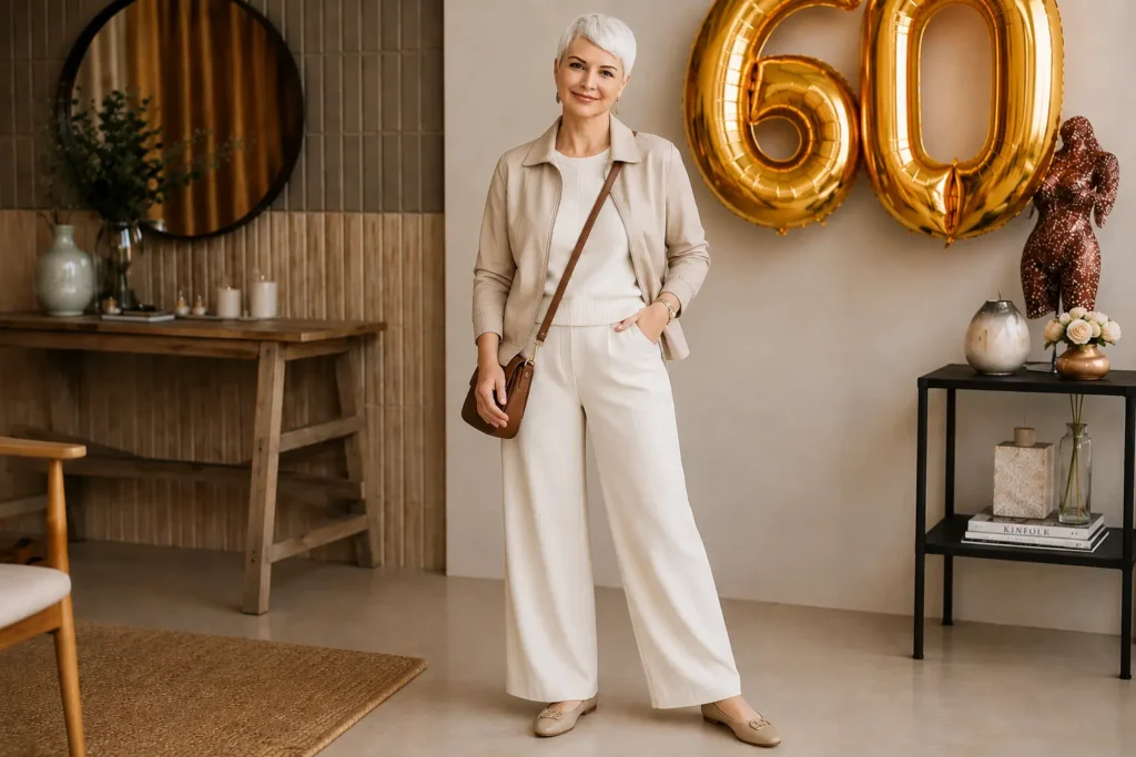 Woman over 50 wearing wide-leg pants, a fine-knit top, lightweight jacket, comfortable flats, and a crossbody bag for a travel capsule wardrobe.