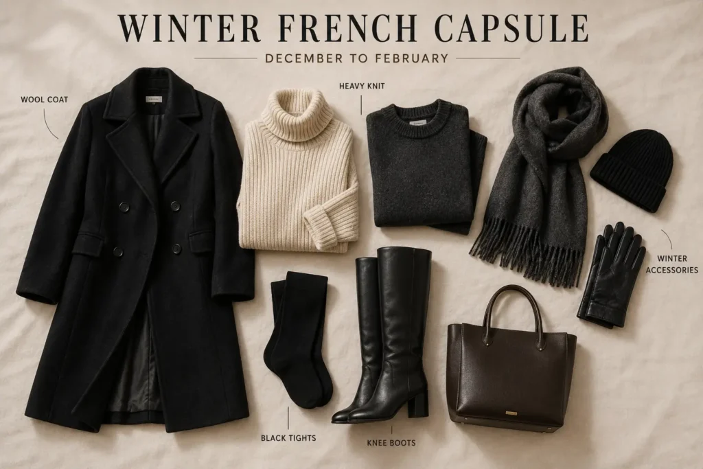 Winter French capsule wardrobe essentials with a wool coat, chunky knit sweaters, black tights, knee-high boots, wool scarf, leather gloves, and winter accessories.