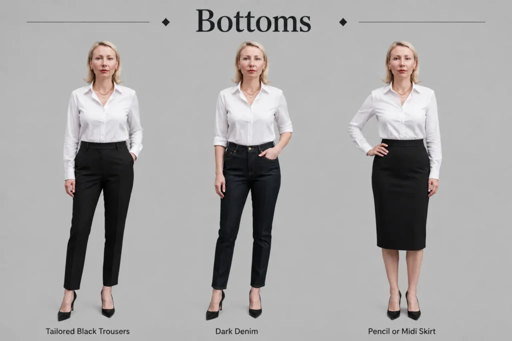Professional work capsule wardrobe bottoms featuring tailored black trousers, dark denim jeans, and a black pencil skirt for office outfits.