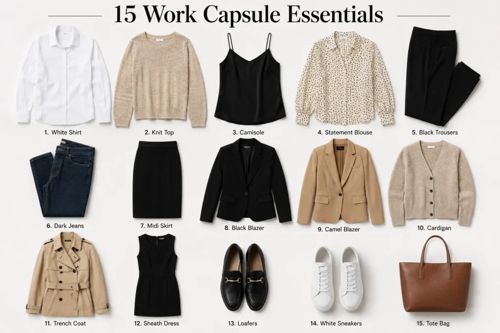 Flat lay of 15 essential work capsule wardrobe pieces including blazers, shirts, trousers, skirt, dress, shoes, sneakers, trench coat, and tote bag.