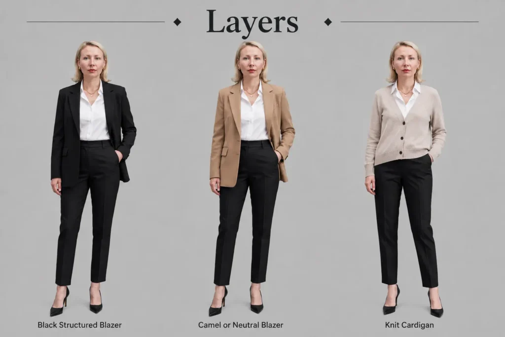 Professional woman styling three essential work capsule wardrobe layers including a black blazer, camel blazer, and neutral knit cardigan.