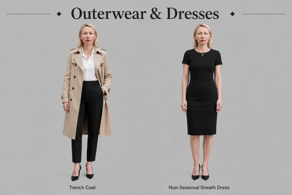 Professional work capsule wardrobe featuring a classic trench coat and a timeless black sheath dress for office wear.