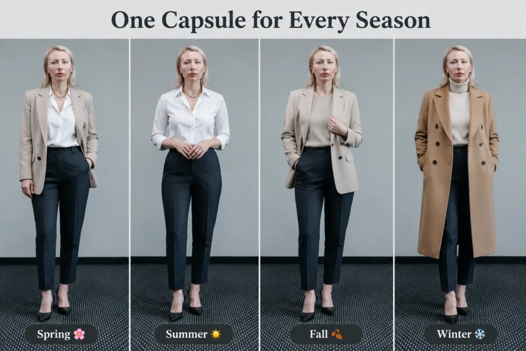 Professional work capsule wardrobe styled for spring, summer, fall, and winter using the same neutral clothing essentials.