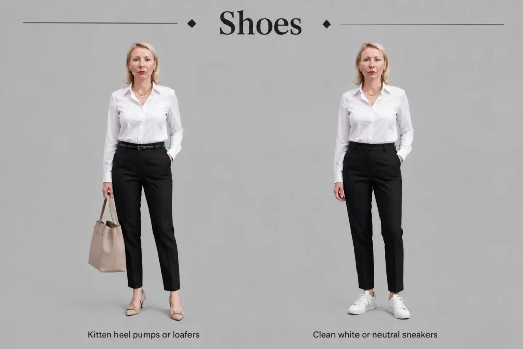 Essential work capsule wardrobe shoes including kitten heel pumps, loafers, and clean white sneakers for professional office outfits.
