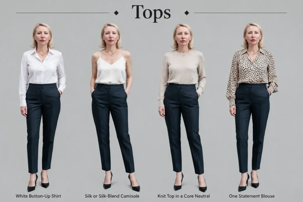 Professional woman wearing four essential work capsule wardrobe tops including a white button-up shirt, silk camisole, neutral knit top, and statement blouse.