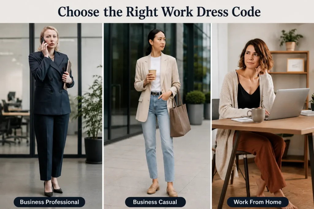 Comparison of business professional, business casual, and work-from-home dress codes for a work capsule wardrobe.