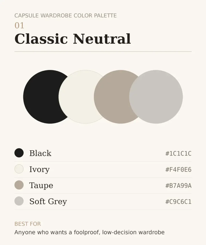 classic neutral capsule wardrobe color palette — black, ivory, taupe and soft grey