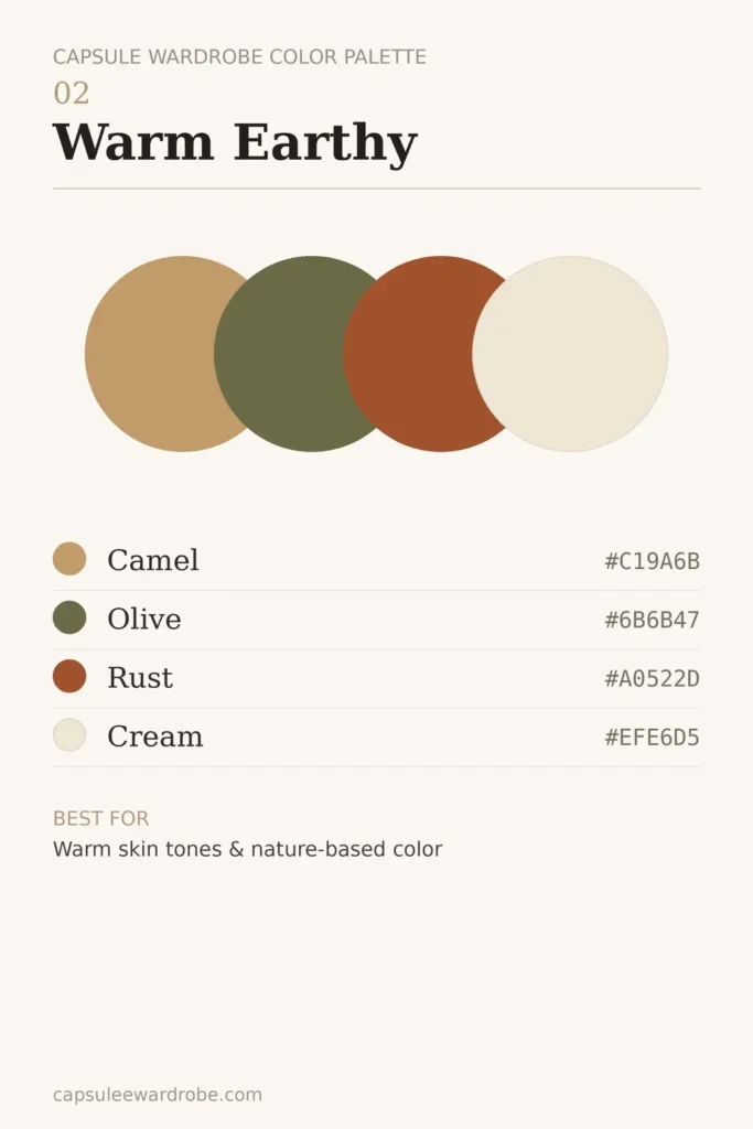 warm earthy capsule wardrobe color palette — camel, olive, rust and cream