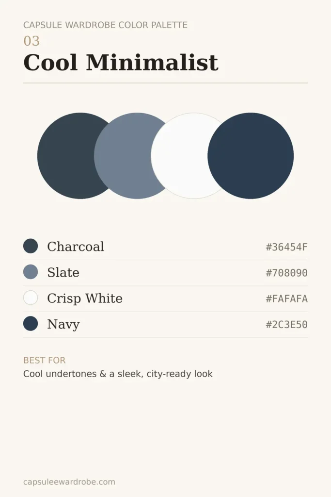 cool minimalist capsule wardrobe color palette — charcoal, slate, white and navy