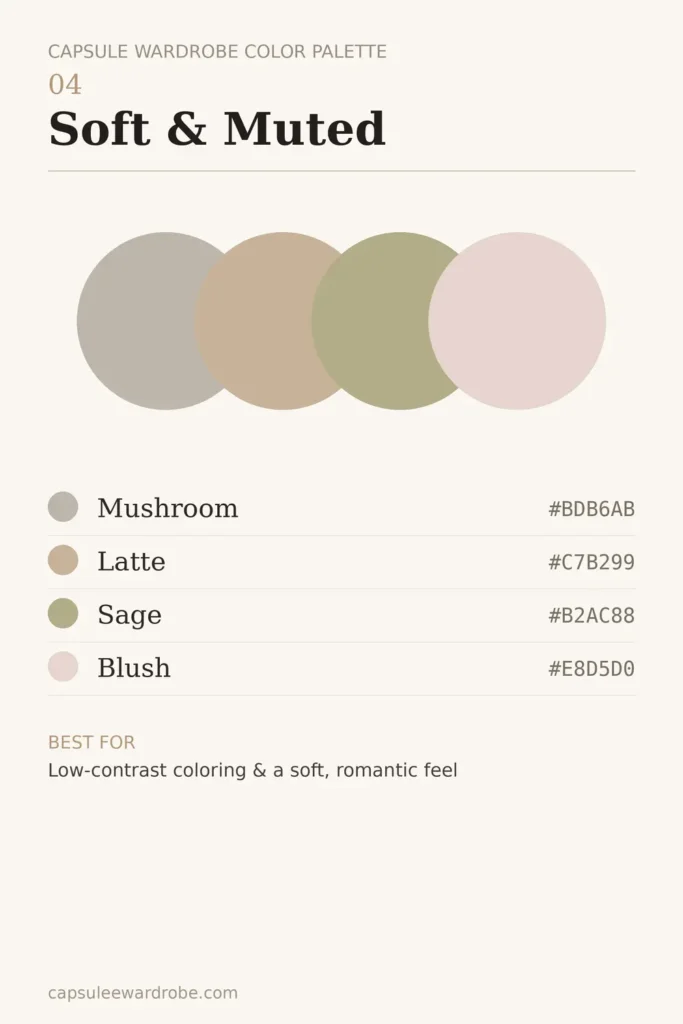 soft muted capsule wardrobe color palette — mushroom, latte, sage and blush