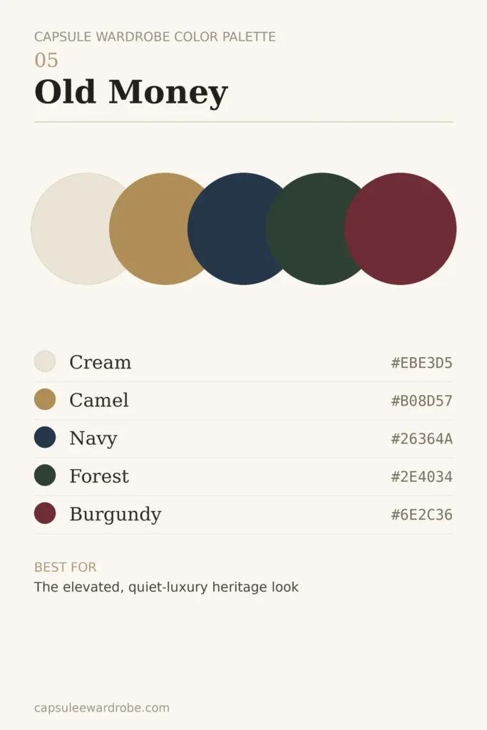 old money capsule wardrobe color palette — cream, camel, navy, forest and burgundy