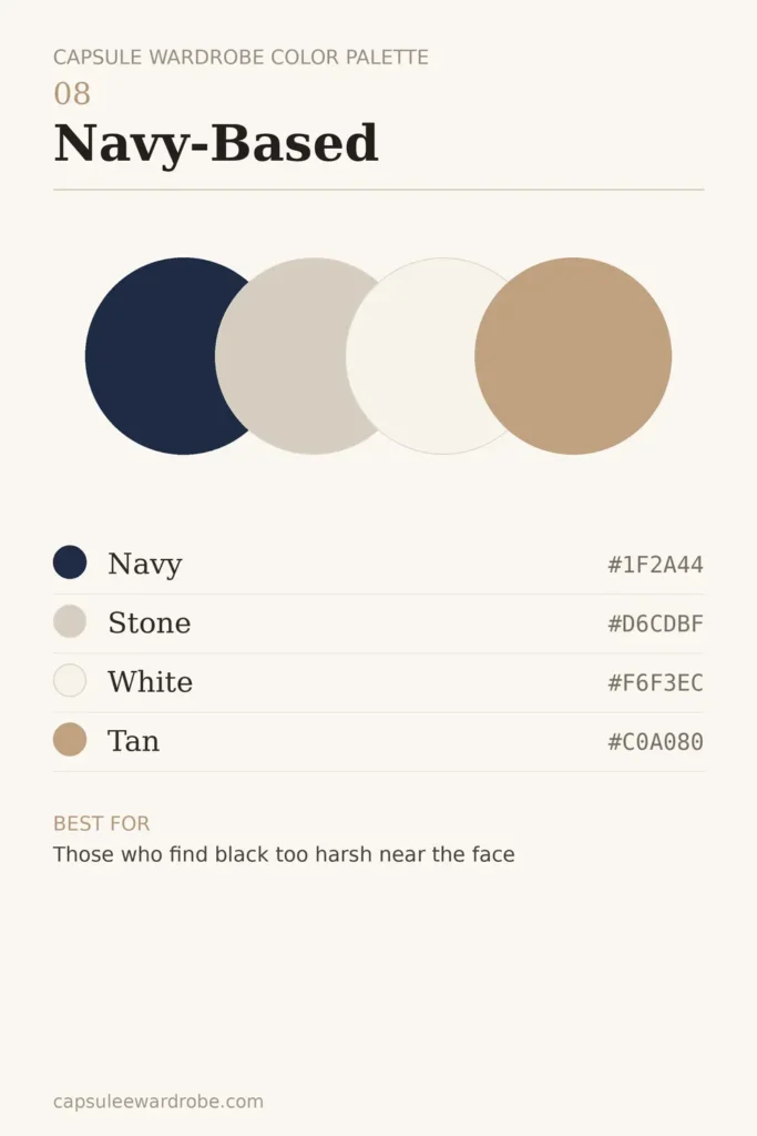 navy based capsule wardrobe color palette — navy, stone, white and tan