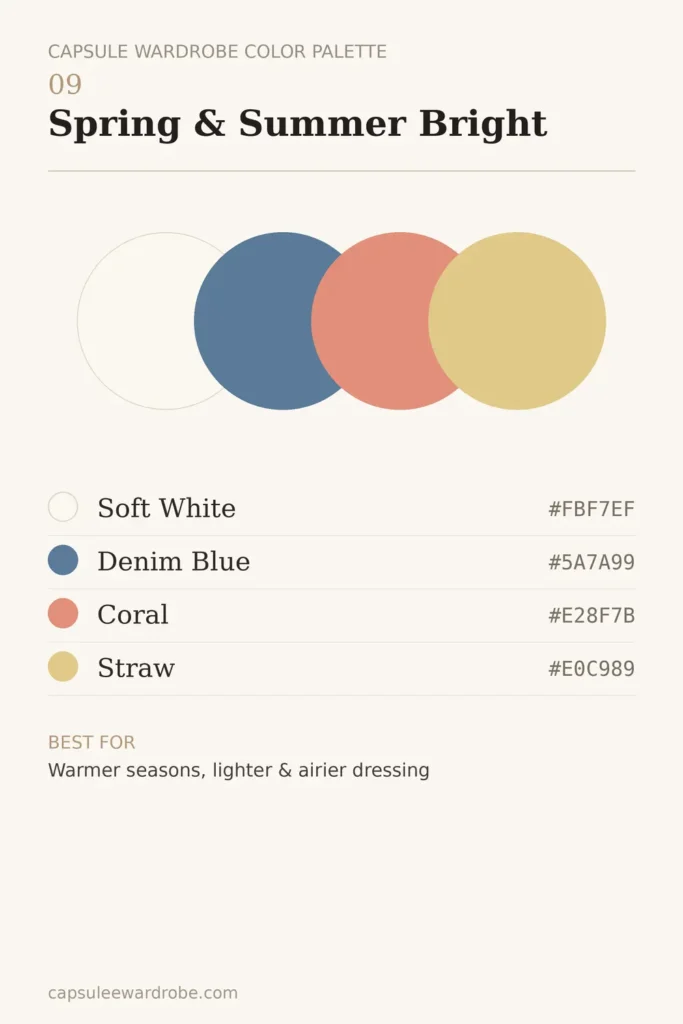spring and summer capsule wardrobe color palette — soft white, denim blue, coral and straw