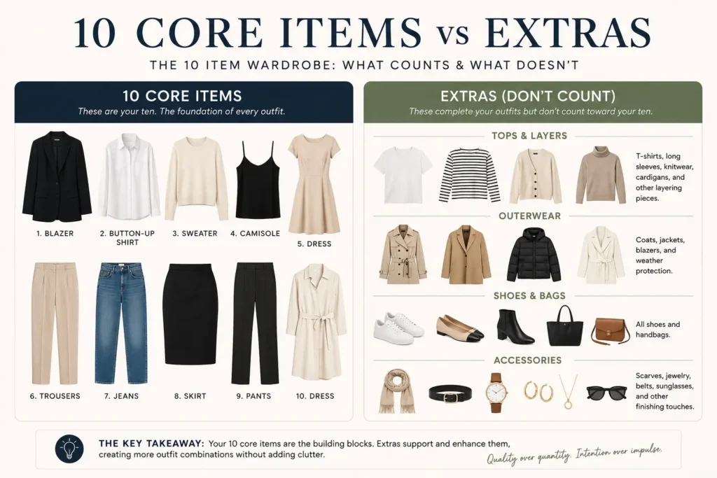 10 core items vs extras in a 10 item wardrobe, showing essential clothing, layers, shoes and accessories