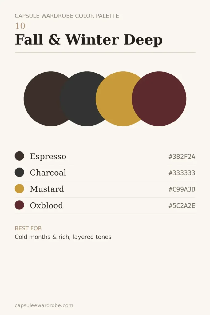 fall and winter capsule wardrobe color palette — espresso, charcoal, mustard and oxblood