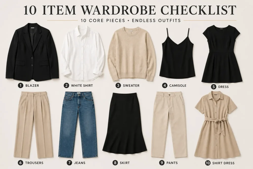 10 item wardrobe checklist with versatile core pieces including shirts, trousers, jeans, skirts and dresses