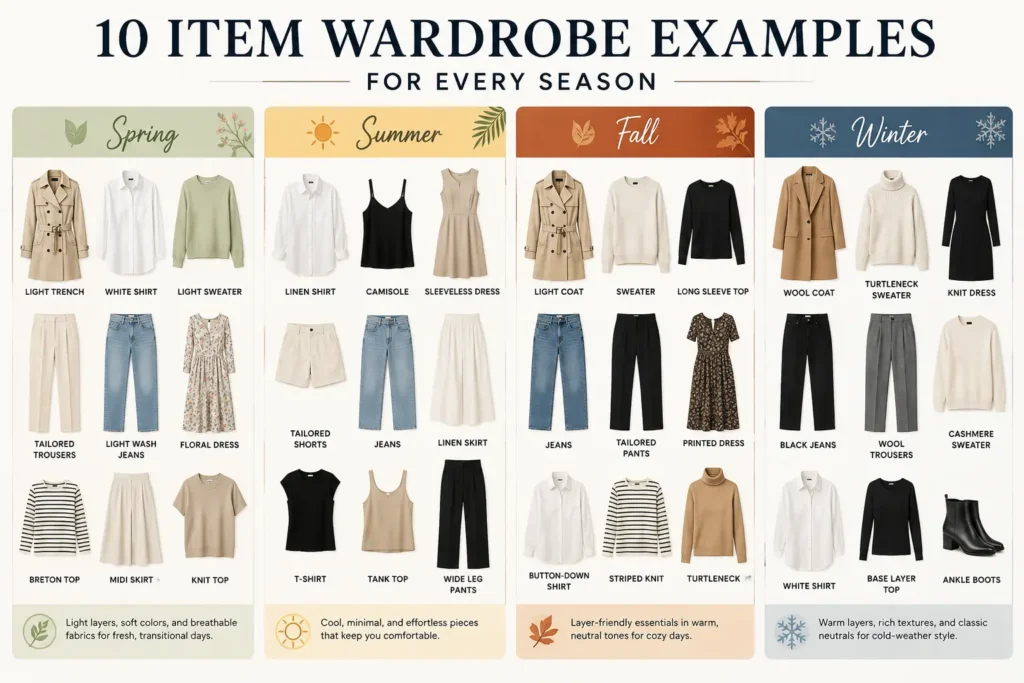 10 item wardrobe examples for spring, summer, fall and winter with seasonal clothing essentials