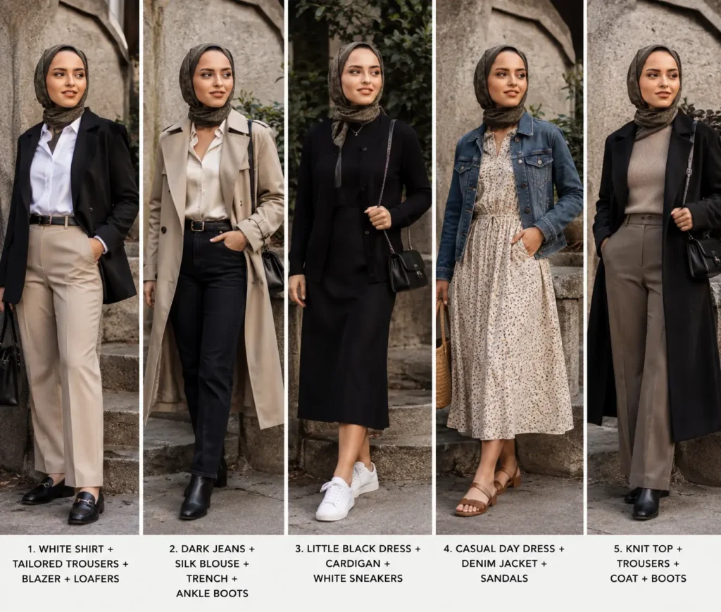 10 item wardrobe outfit ideas showing five ways to style versatile core clothing pieces
