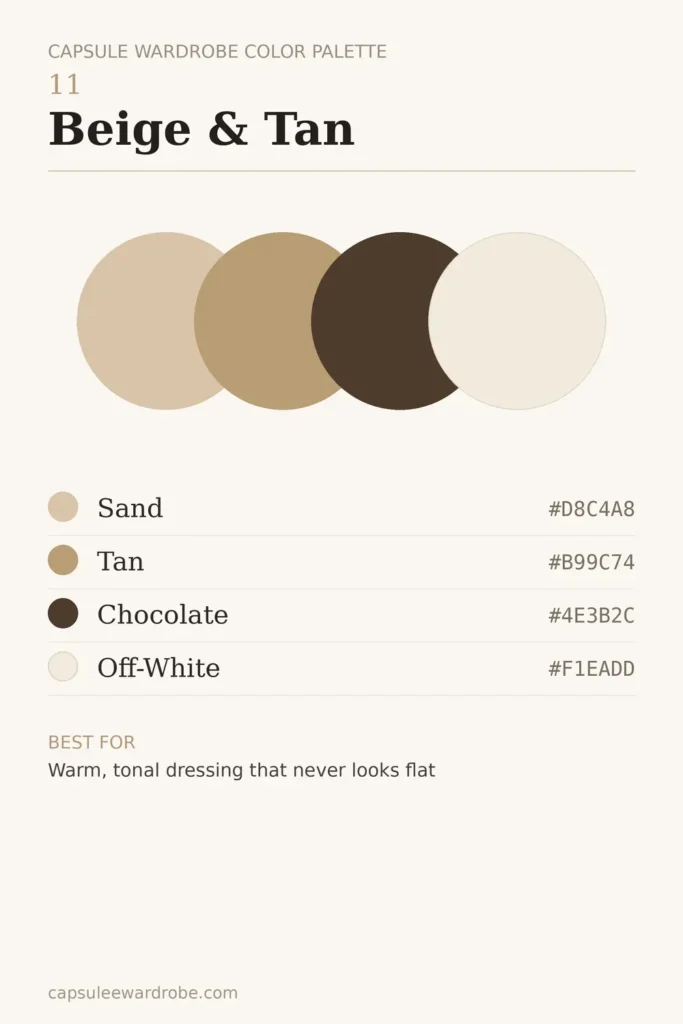 beige and tan warm neutral capsule wardrobe color palette — sand, tan, chocolate and off-white