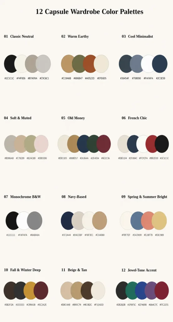 12 capsule wardrobe color palettes featuring classic neutral, warm earthy, cool minimalist, old money, French chic, seasonal and jewel-tone color combinations.