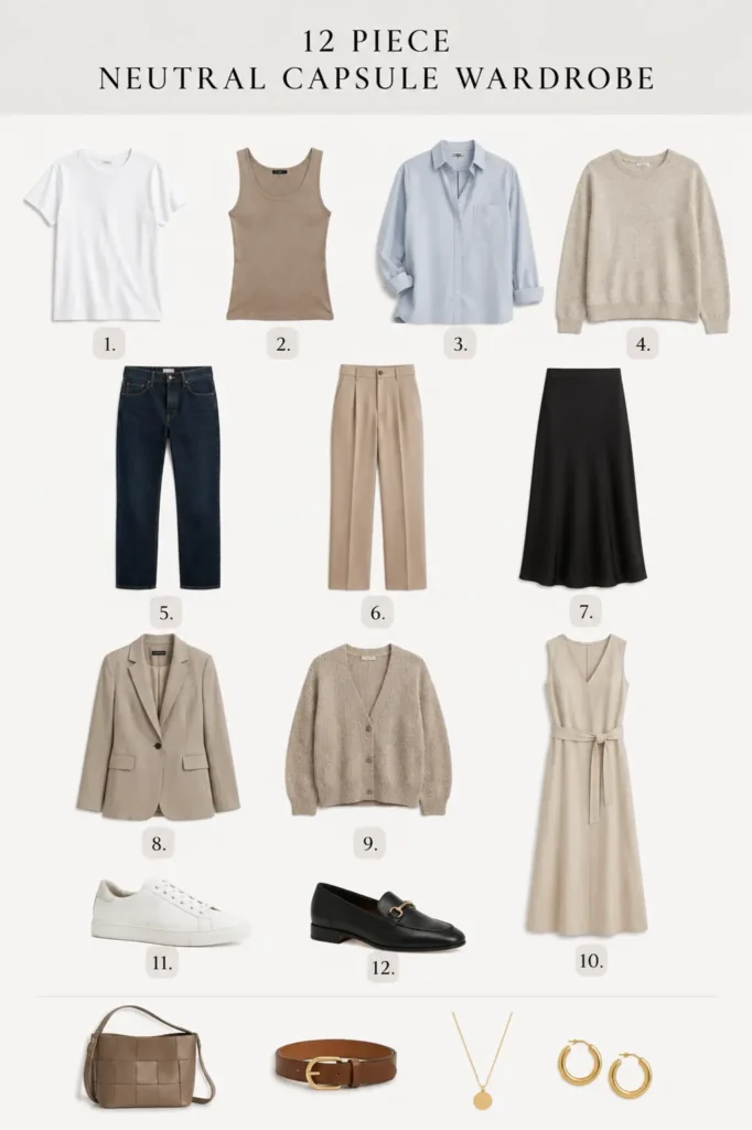 12 piece neutral capsule wardrobe with versatile tops, bottoms, layers, dress, sneakers and loafers in neutral colors