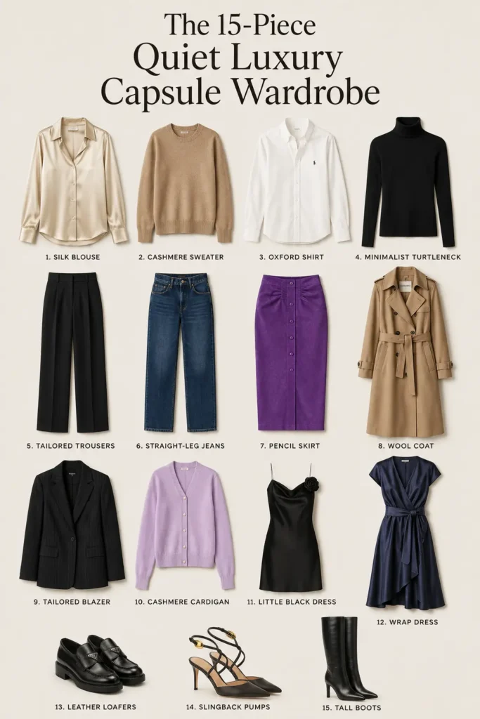 15-piece quiet luxury capsule wardrobe featuring timeless clothing, dresses, outerwear and shoes