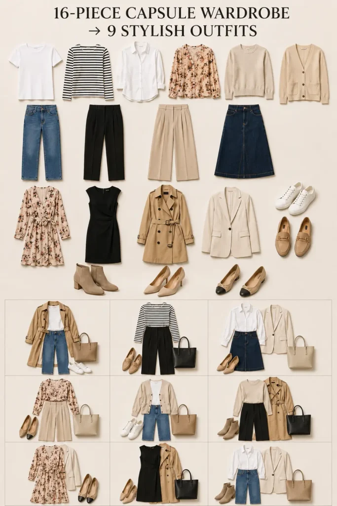 Flat lay of a 16-piece capsule wardrobe for women over 60 showing timeless clothing essentials and nine versatile outfit combinations created from the same pieces.