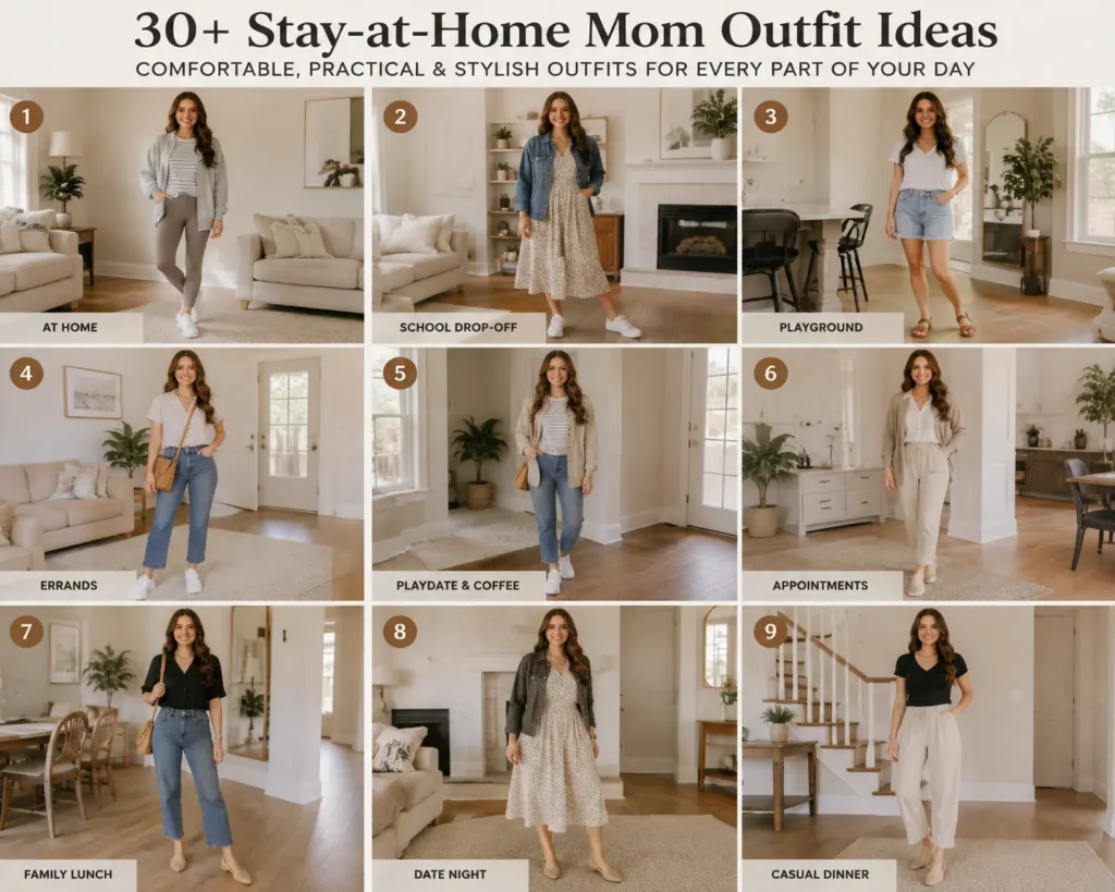 Stay-at-home mom outfit ideas for home, school drop-off, playground, errands, appointments and casual outings