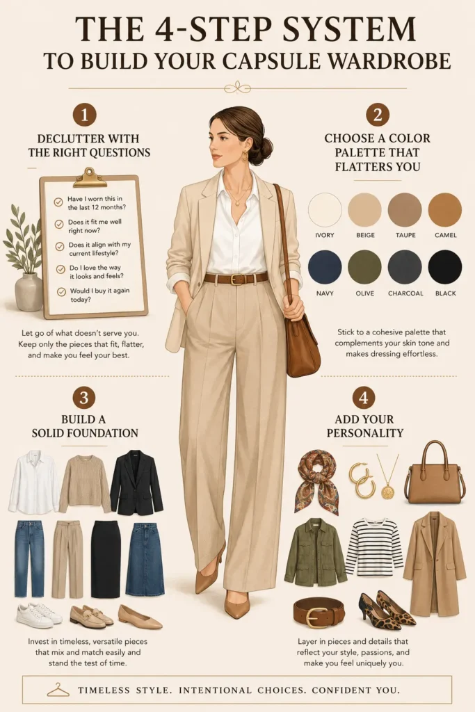 Four-step system to build a capsule wardrobe by decluttering, choosing a color palette, building wardrobe essentials and adding personal style