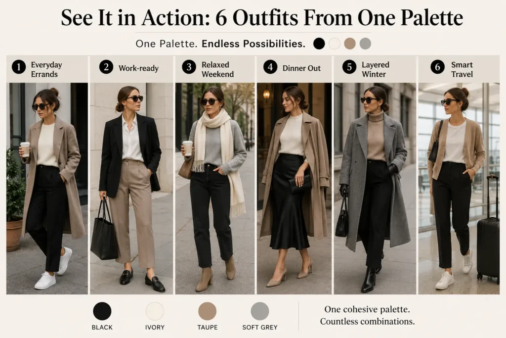 Six capsule wardrobe outfit ideas using a classic neutral color palette of black, ivory, taupe, and soft grey.