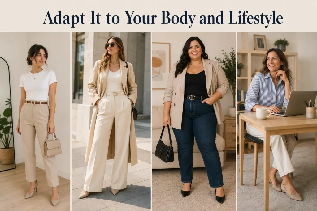 Same slip dress styled for summer, spring, fall and winter with seasonal capsule wardrobe layers and shoes.