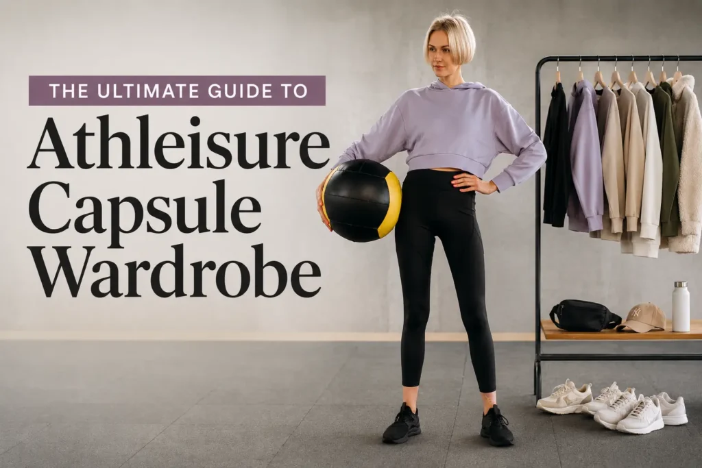 Athleisure capsule wardrobe featuring a woman in black leggings and a lavender hoodie beside a rack of neutral activewear essentials.