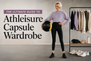 Athleisure capsule wardrobe featuring a woman in black leggings and a lavender hoodie beside a rack of neutral activewear essentials.