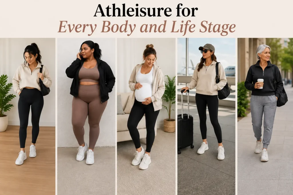 Athleisure outfits for petite, plus-size, pregnancy, travel, and mature women showing versatile activewear for every body and life stage.