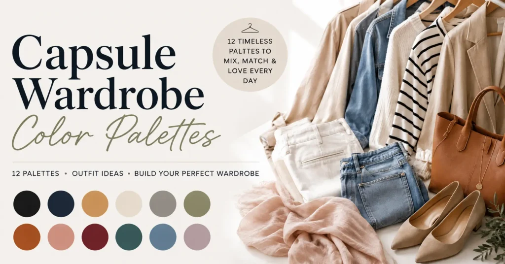 Capsule wardrobe color palettes with neutral clothing, denim, wardrobe essentials, shoes, accessories, and mix-and-match color swatches.