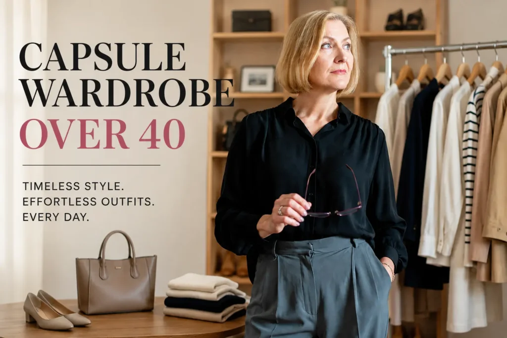 Capsule wardrobe over 40 featuring timeless neutral clothing, classic wardrobe essentials, and effortless outfit ideas for women.
