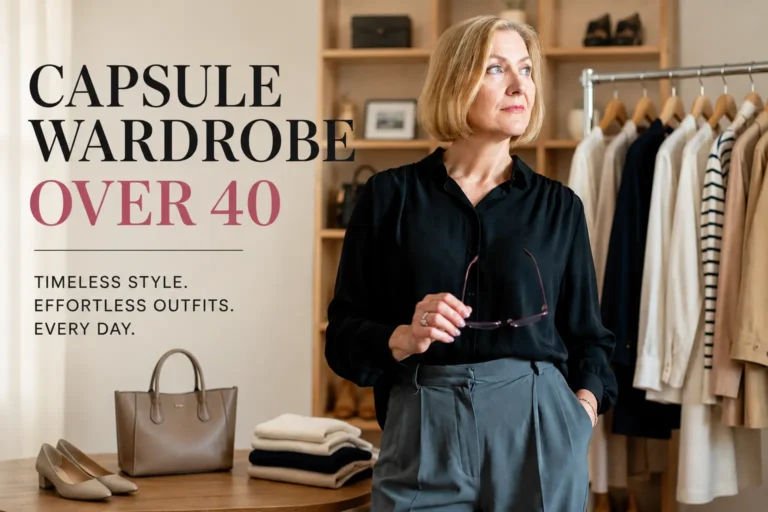 Capsule wardrobe over 40 featuring timeless neutral clothing, classic wardrobe essentials, and effortless outfit ideas for women.