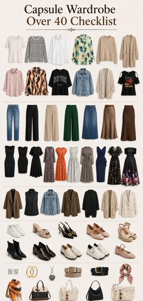 Capsule wardrobe over 40 checklist featuring essential tops, bottoms, dresses, layers, shoes and accessories